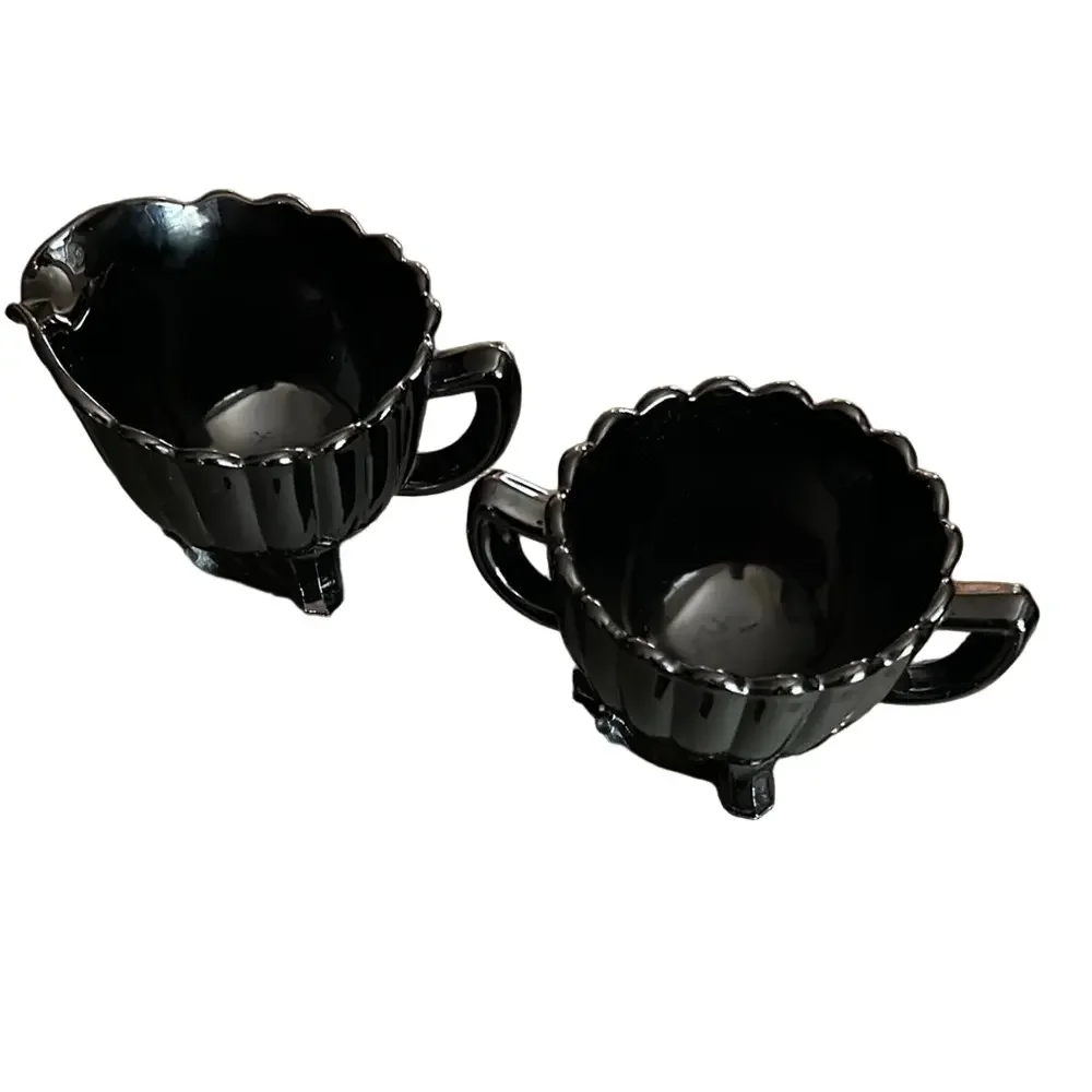 Imperial Glass Pillar Flute 1940’s footed Black Creamer and open Sugar bowl Set.